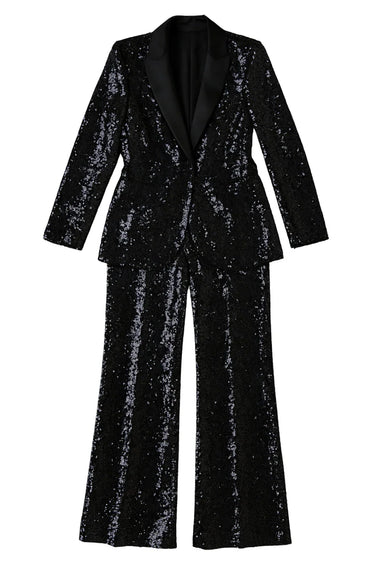 Black sequin suit on a white background